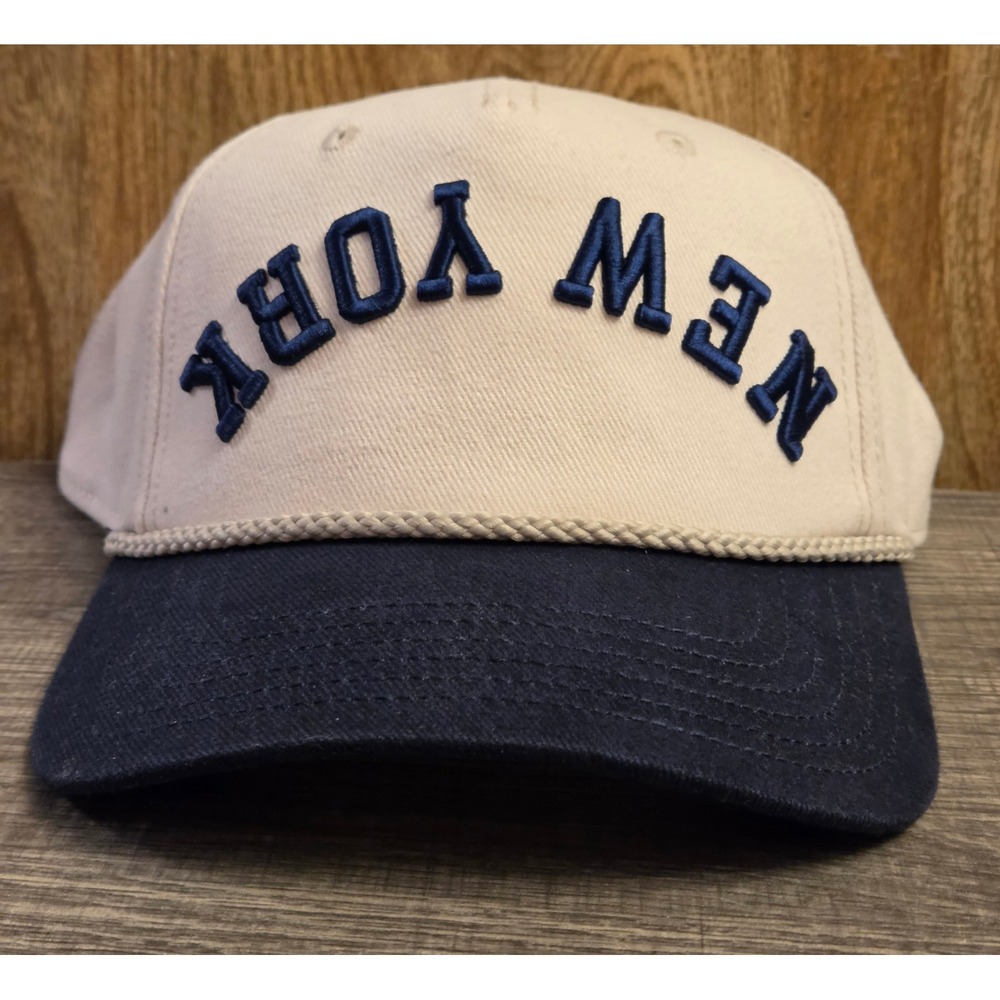 NWOT Mad‎ Engine New York Upside Down Snapback Hat Cream Navy Cap NY NYC
